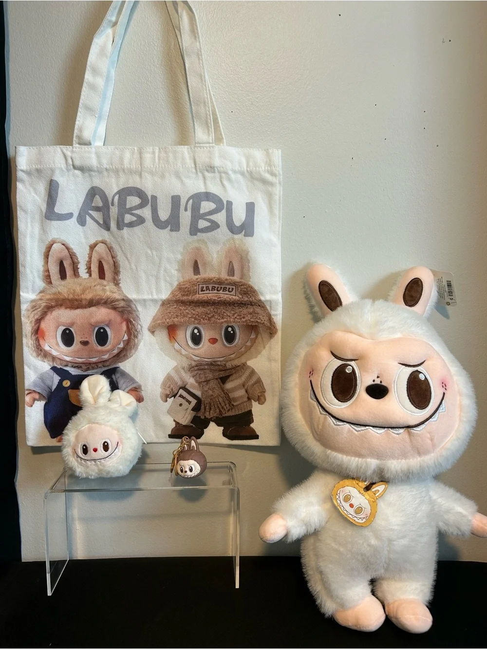 16” Labubu plush, canvas bag and 2 keychains